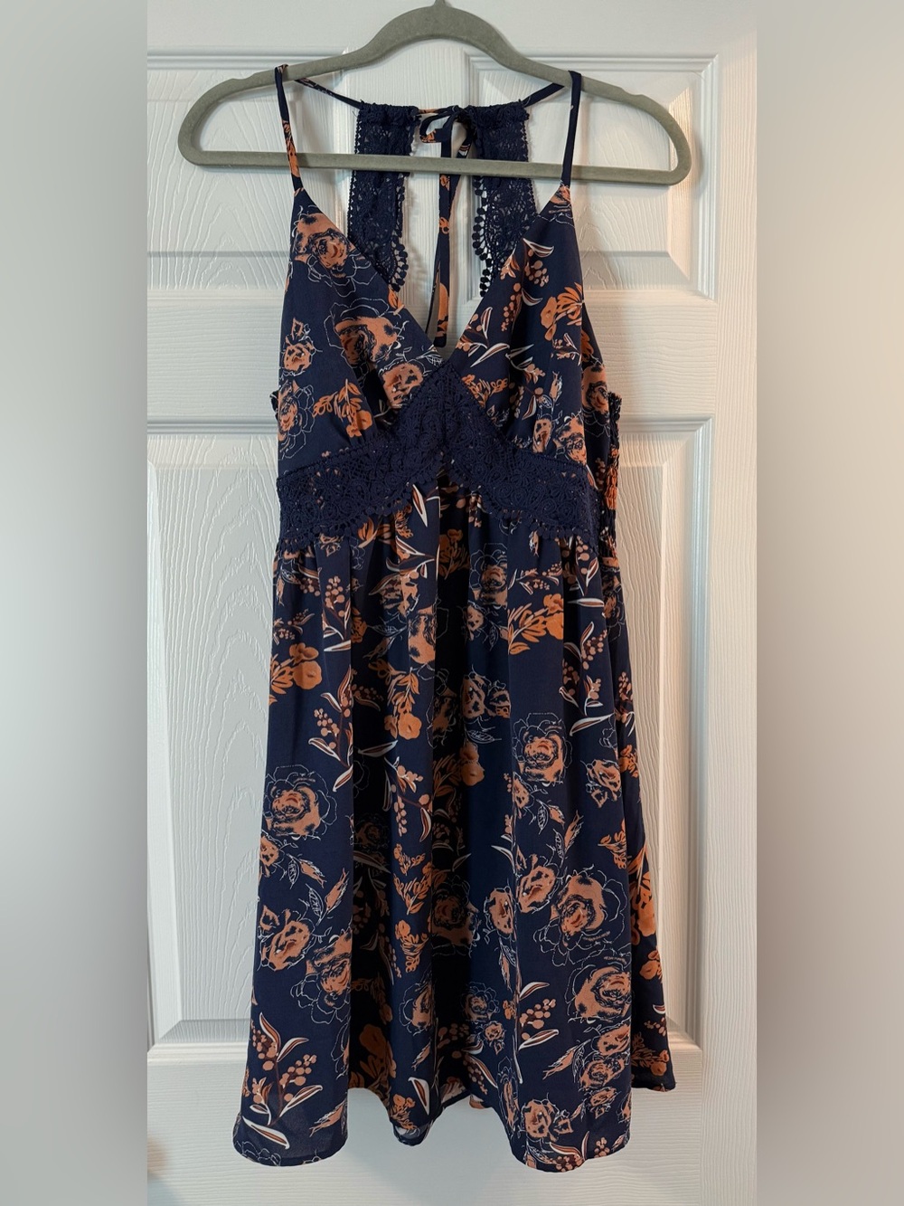 Navy Floral Halter Dress with Lace Trim